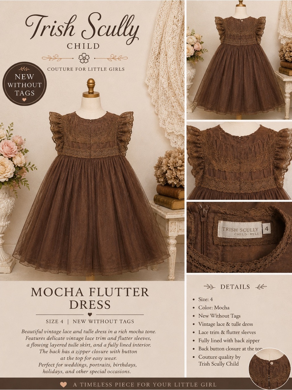 Vintage Lace Mocha Flutter Dress - Size 4